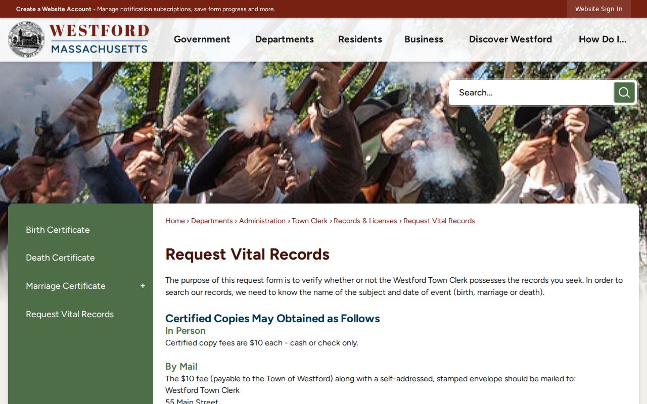 Westford residents directory vital records request information