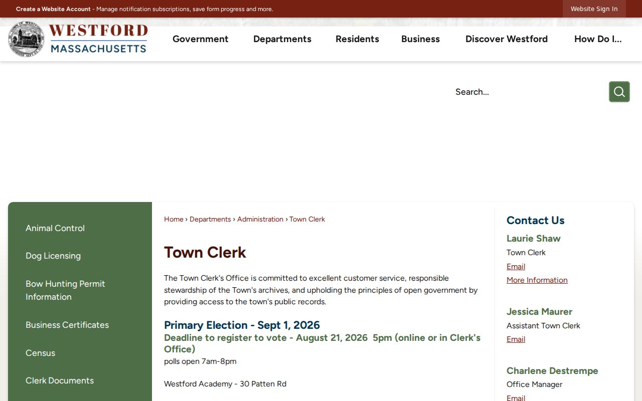 Westford residents directory Town Clerk records route