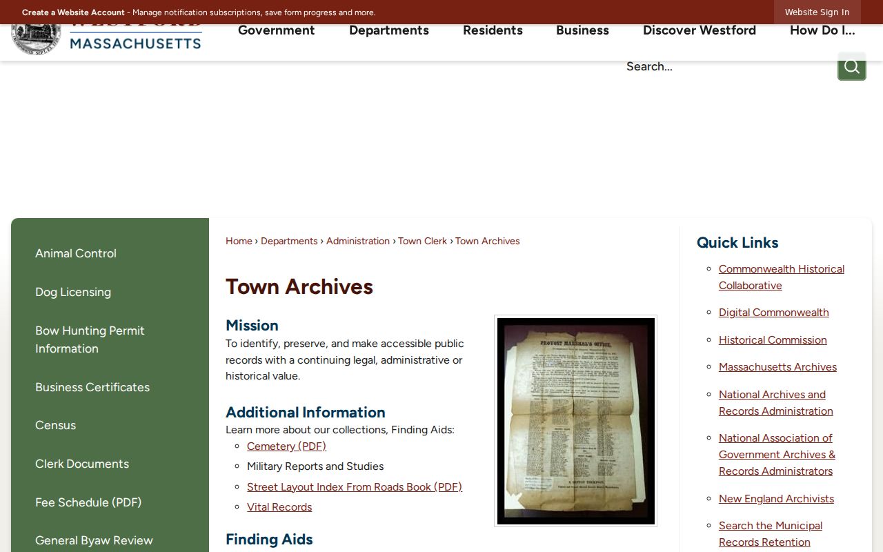 Westford previous residents Town Archives finding aids