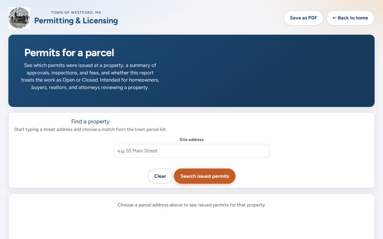 Westford street directory parcel permits search for address-based record research