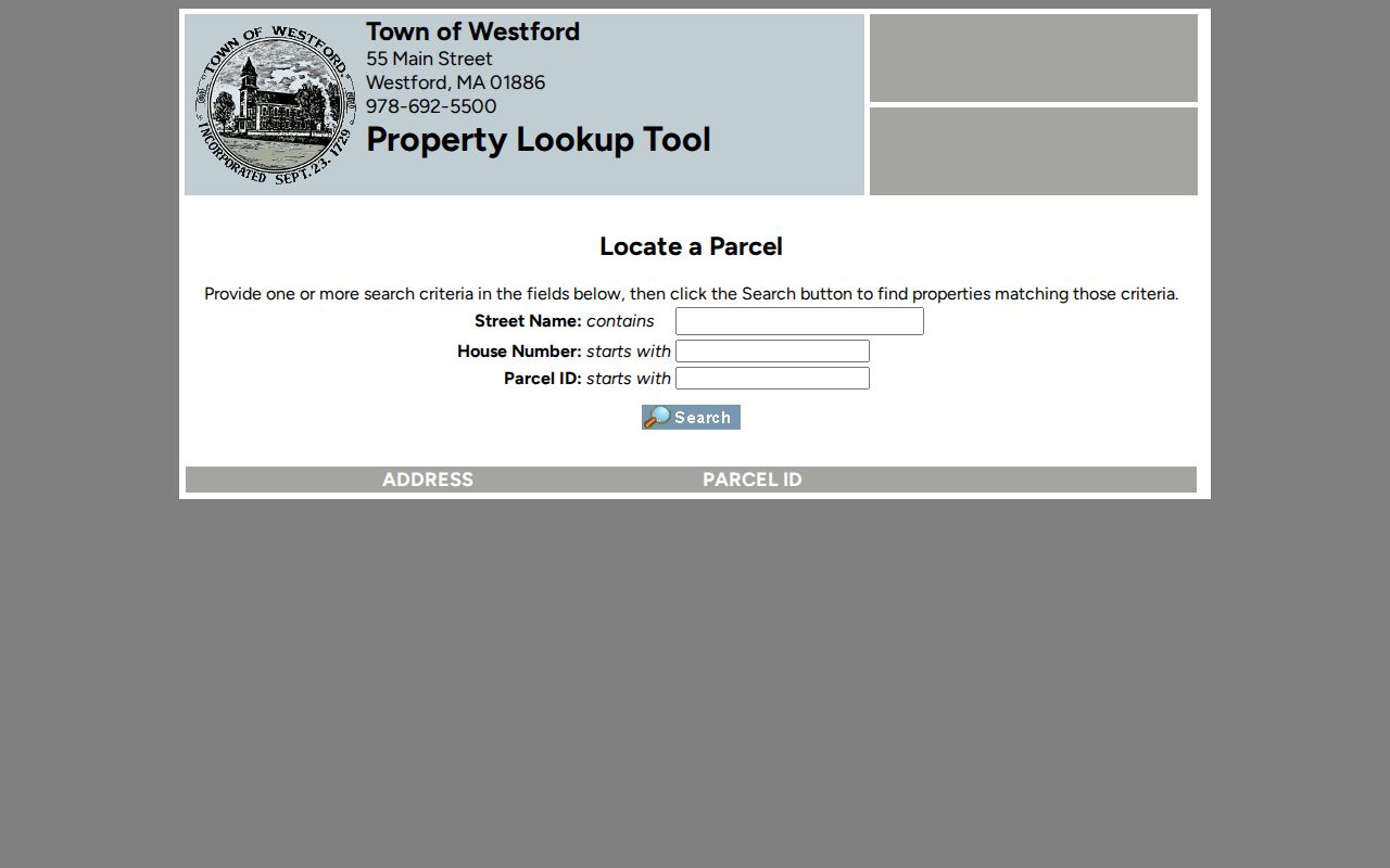 Westford street directory property lookup screen for address and parcel ID research