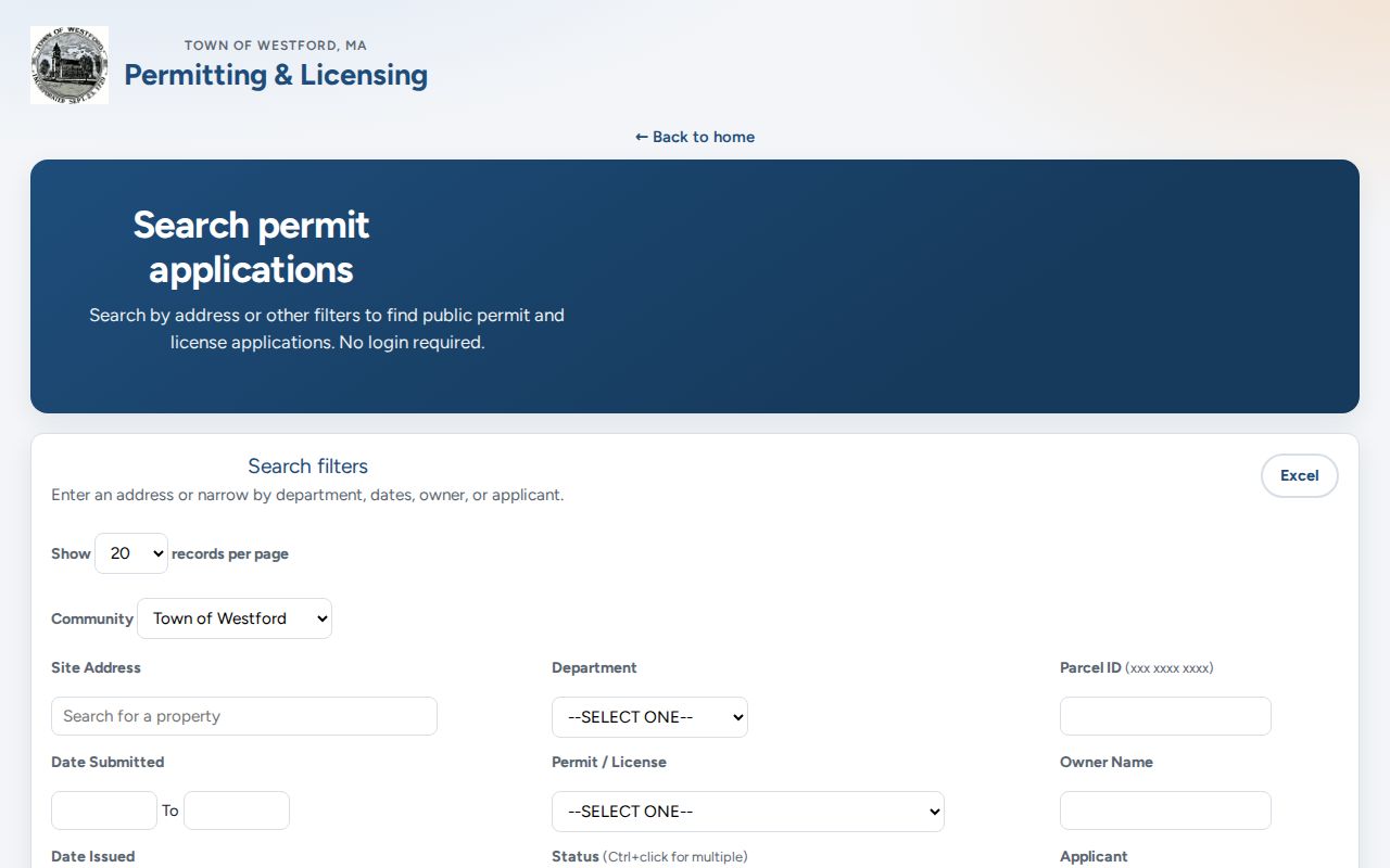 Westford ZIP code permit application search using address and parcel fields